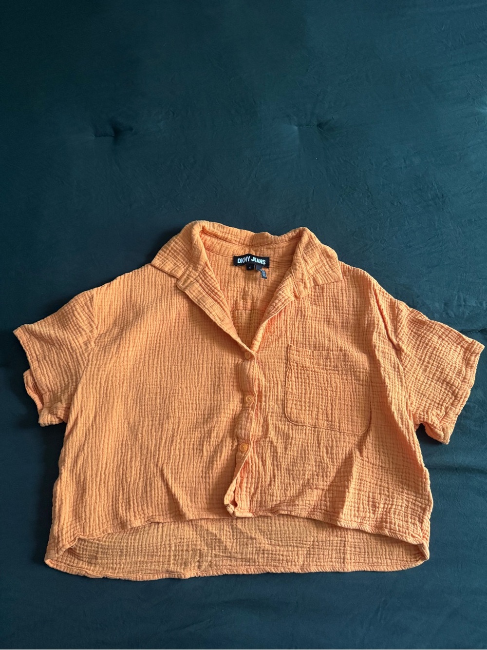 Dkny Orange Short-Sleeve Cropped Button-Down Shirt
